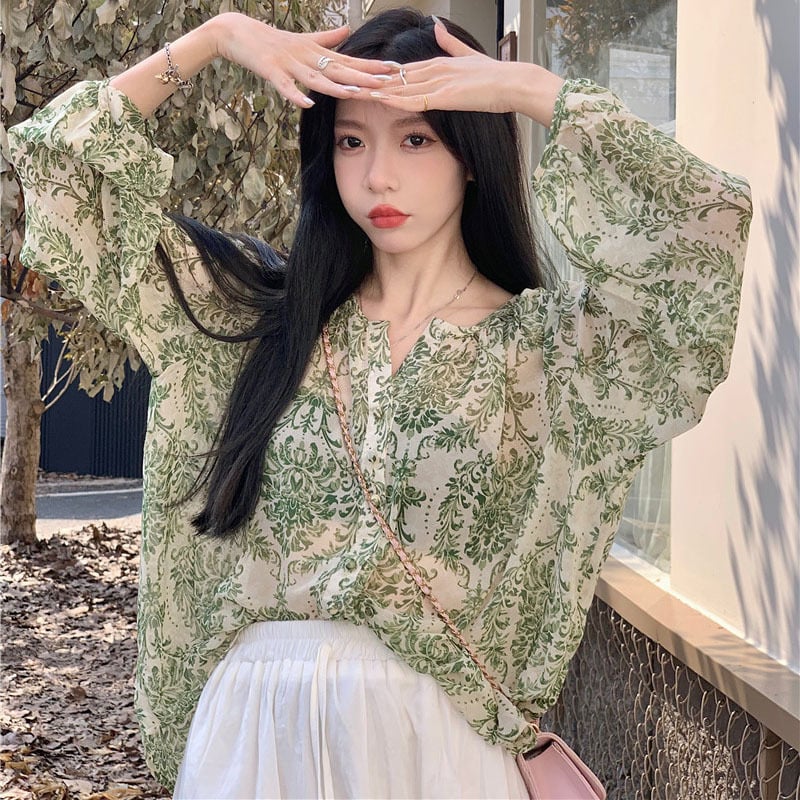 Ženska košulja od šifona s elastanom, cvjetni uzorak, lampasti rukavi, V-izrez, udoban kroj