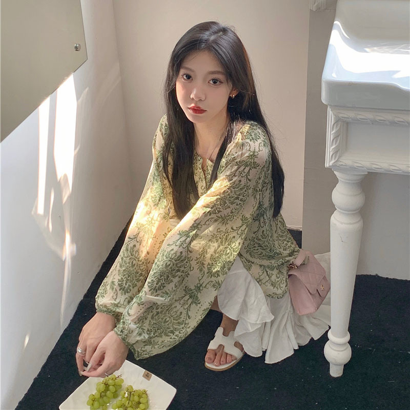 Ženska košulja od šifona s elastanom, cvjetni uzorak, lampasti rukavi, V-izrez, udoban kroj