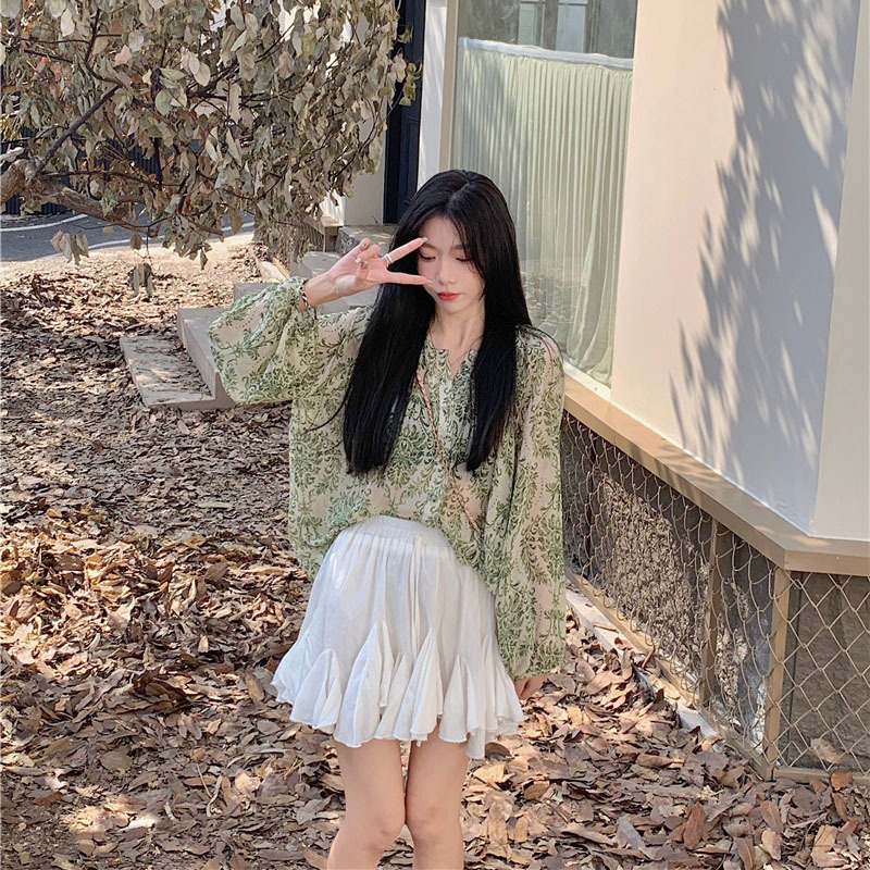 Ženska košulja od šifona s elastanom, cvjetni uzorak, lampasti rukavi, V-izrez, udoban kroj