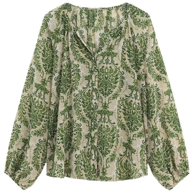 Ženska košulja od šifona s elastanom, cvjetni uzorak, lampasti rukavi, V-izrez, udoban kroj