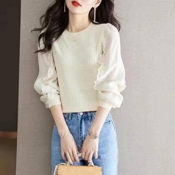 Košulja, poliester s vinilonom, puff rukavima, okrugli ovratnik, slobodan kroj, proljeće 2025