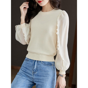 Košulja, poliester s vinilonom, puff rukavima, okrugli ovratnik, slobodan kroj, proljeće 2025