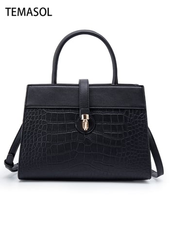 Чанта за рамо с голям капацитет, PU кожа с крокодилски принт, еднотонна, метална катарама, хоризонтална квадратна форма, цип, ламинирана вътрешна джоб, единична презрамка