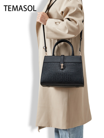 Чанта за рамо с голям капацитет, PU кожа с крокодилски принт, еднотонна, метална катарама, хоризонтална квадратна форма, цип, ламинирана вътрешна джоб, единична презрамка