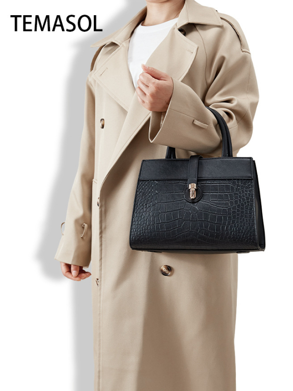 Чанта за рамо с голям капацитет, PU кожа с крокодилски принт, еднотонна, метална катарама, хоризонтална квадратна форма, цип, ламинирана вътрешна джоб, единична презрамка