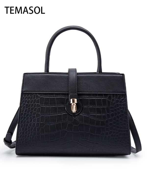 Чанта за рамо с голям капацитет, PU кожа с крокодилски принт, еднотонна, метална катарама, хоризонтална квадратна форма, цип, ламинирана вътрешна джоб, единична презрамка