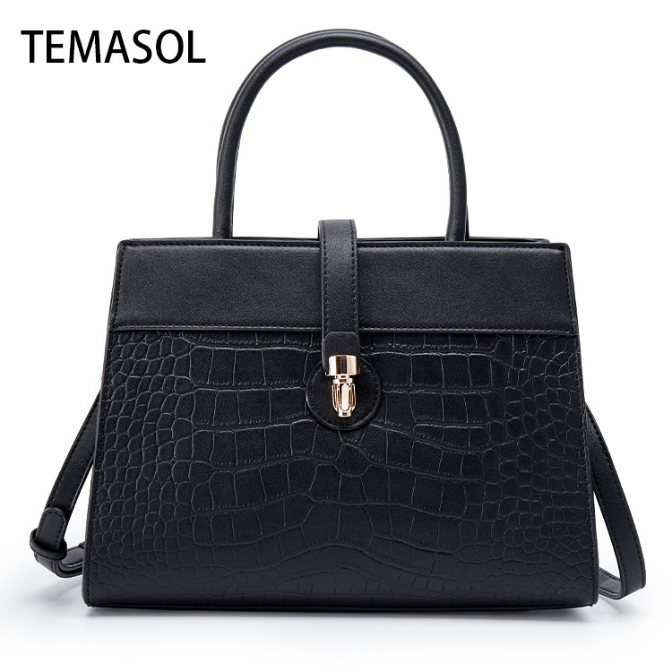 Чанта за рамо с голям капацитет, PU кожа с крокодилски принт, еднотонна, метална катарама, хоризонтална квадратна форма, цип, ламинирана вътрешна джоб, единична презрамка
