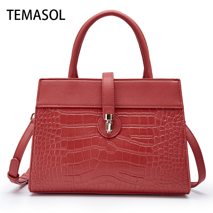 Чанта за рамо с голям капацитет, PU кожа с крокодилски принт, еднотонна, метална катарама, хоризонтална квадратна форма, цип, ламинирана вътрешна джоб, единична презрамка