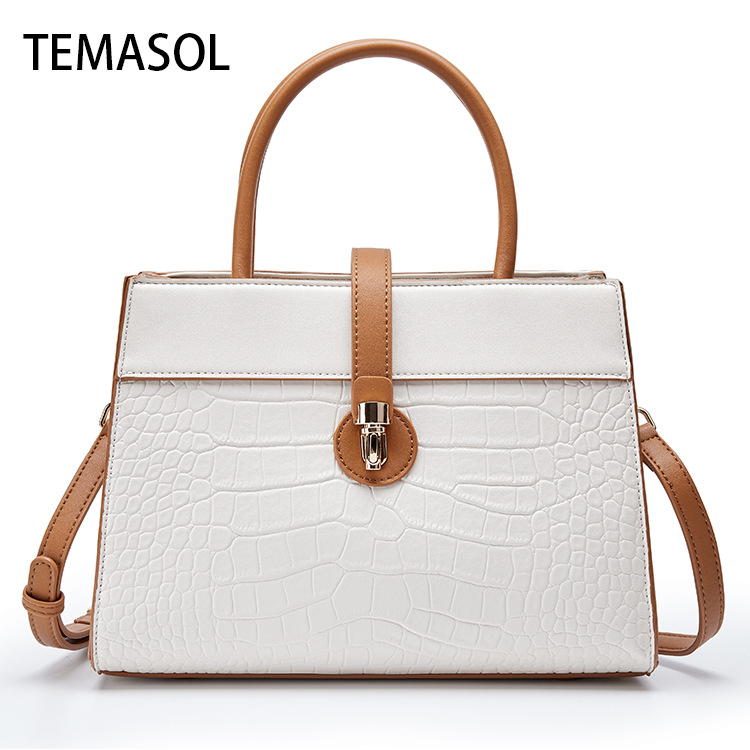 Чанта за рамо с голям капацитет, PU кожа с крокодилски принт, еднотонна, метална катарама, хоризонтална квадратна форма, цип, ламинирана вътрешна джоб, единична презрамка