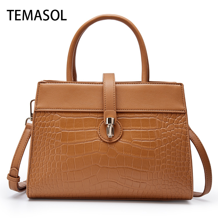 Чанта за рамо с голям капацитет, PU кожа с крокодилски принт, еднотонна, метална катарама, хоризонтална квадратна форма, цип, ламинирана вътрешна джоб, единична презрамка