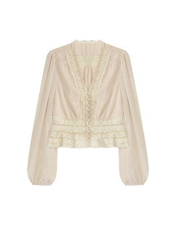 Риза с V-образно деколте, фенерни ръкави, полиестерна тъкан, колажен дизайн