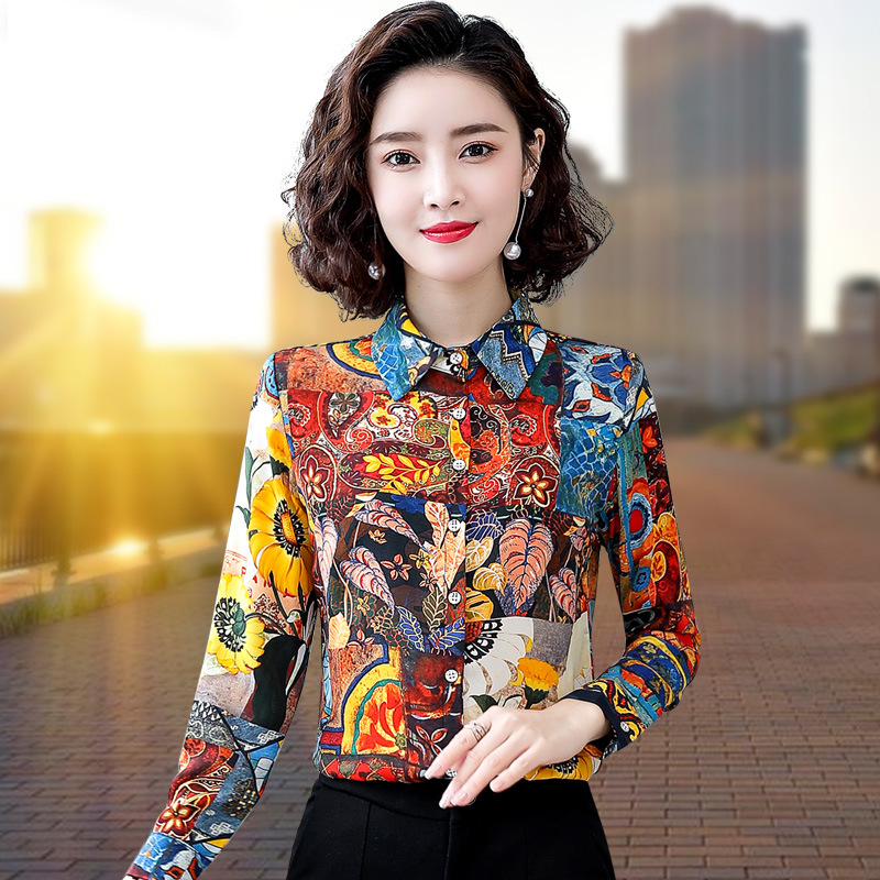 Женска шифонова риза с флоралeн принт, дълги ръкави, яка тип риза, дължина 50–65 см, кардиган стил