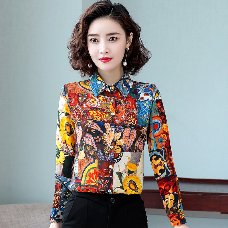 Женска шифонова риза с флоралeн принт, дълги ръкави, яка тип риза, дължина 50–65 см, кардиган стил