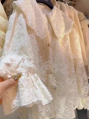 Блуза с парчета и яка за бебето, дълги ръкави, едноцветен модел, шифон (123016)