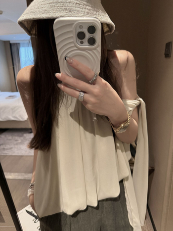Chiffon top s vezicama za ramena — nepravilnog dizajna, bez rukava, slim fit (Materijal: chiffon; Uzorak: jednobojan; Stil: nagnuti rameni; Duljina: standardna)