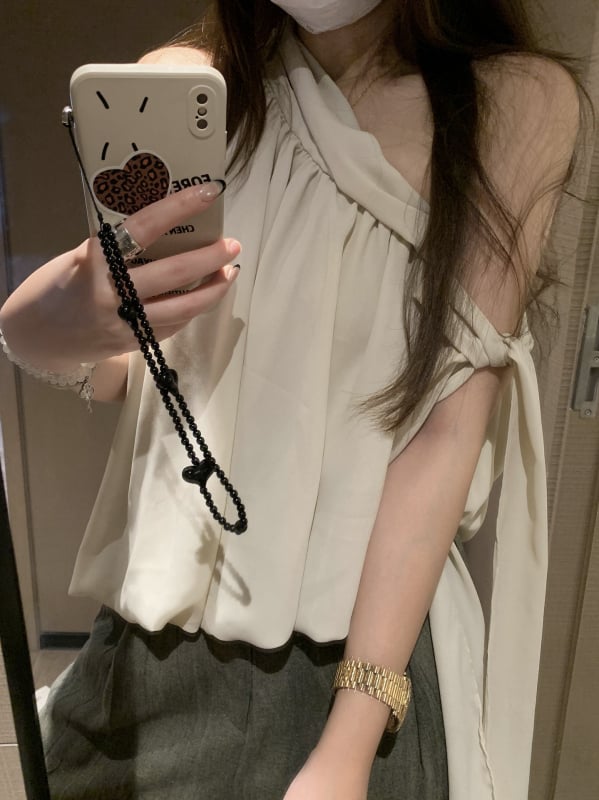 Chiffon top s vezicama za ramena — nepravilnog dizajna, bez rukava, slim fit (Materijal: chiffon; Uzorak: jednobojan; Stil: nagnuti rameni; Duljina: standardna)