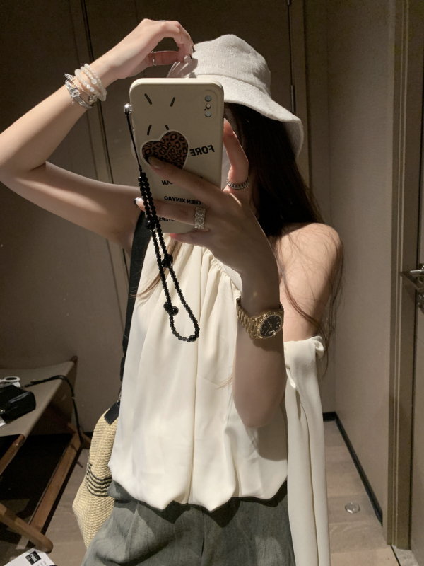 Chiffon top s vezicama za ramena — nepravilnog dizajna, bez rukava, slim fit (Materijal: chiffon; Uzorak: jednobojan; Stil: nagnuti rameni; Duljina: standardna)