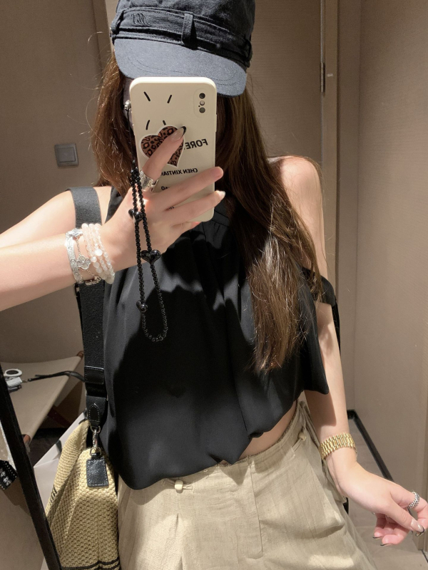 Chiffon top s vezicama za ramena — nepravilnog dizajna, bez rukava, slim fit (Materijal: chiffon; Uzorak: jednobojan; Stil: nagnuti rameni; Duljina: standardna)