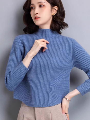 Ženski pulover od ovčje vune sa spandeksom, pleteni, slobodan kroj, dugi rukavi, poluvisoki ovratnik