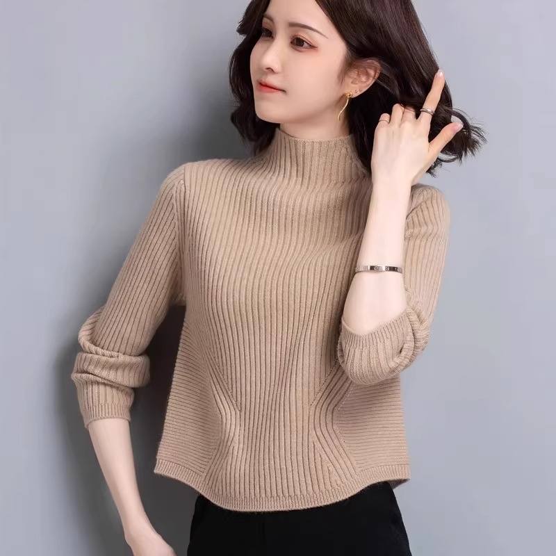 Ženski pulover od ovčje vune sa spandeksom, pleteni, slobodan kroj, dugi rukavi, poluvisoki ovratnik