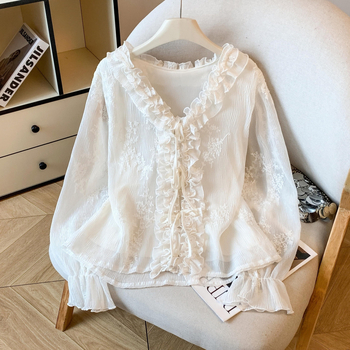 Bluză cu decolteu în V, mâneci lungi, poliester, mâneci tip prințesă