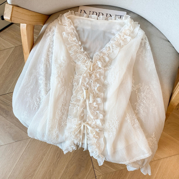 Bluză cu decolteu în V, mâneci lungi, poliester, mâneci tip prințesă