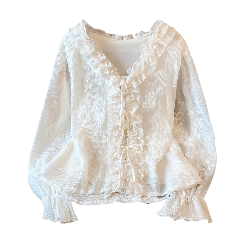 Bluză cu decolteu în V, mâneci lungi, poliester, mâneci tip prințesă