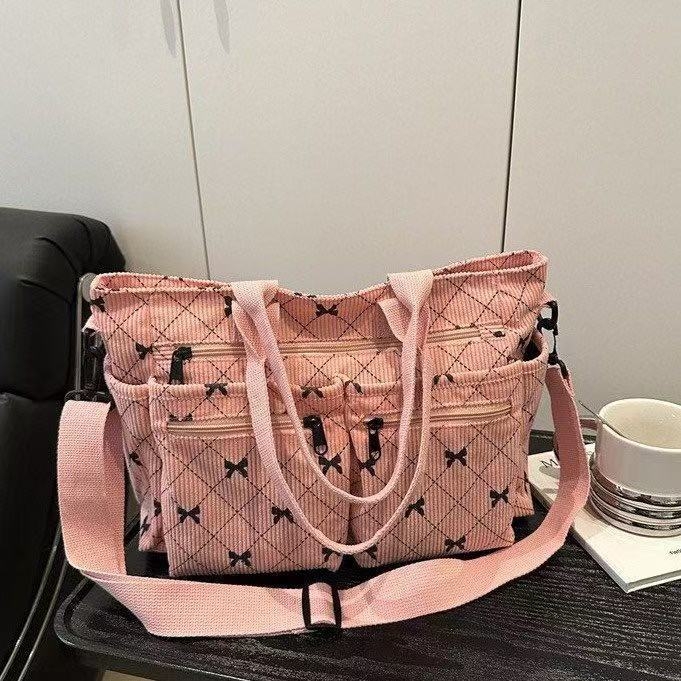 Muledi Corduroy Tote Bag — хоризонтална квадратна форма, ципово отваряне, вътрешен джоб с цип, Oxford облицовка