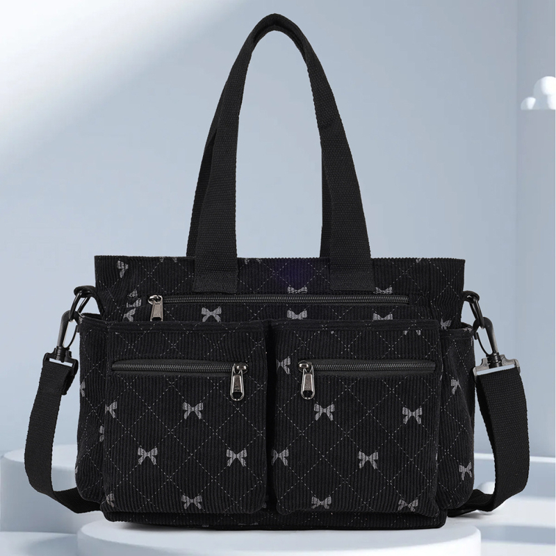 Muledi Corduroy Tote Bag — хоризонтална квадратна форма, ципово отваряне, вътрешен джоб с цип, Oxford облицовка