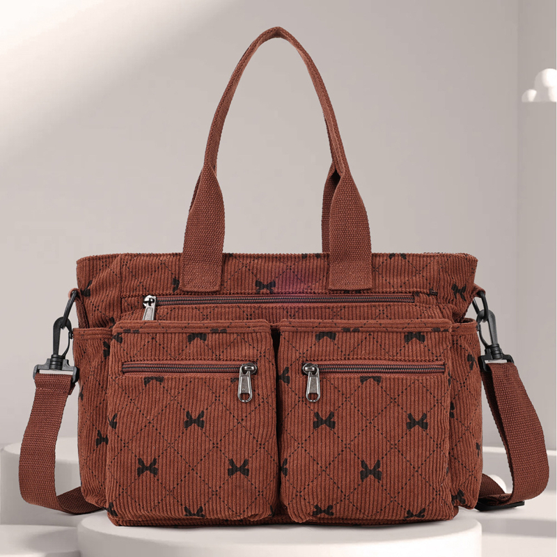 Muledi Corduroy Tote Bag — хоризонтална квадратна форма, ципово отваряне, вътрешен джоб с цип, Oxford облицовка