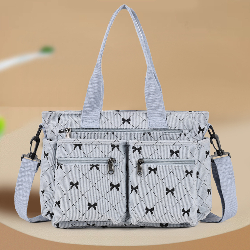 Muledi Corduroy Tote Bag — хоризонтална квадратна форма, ципово отваряне, вътрешен джоб с цип, Oxford облицовка