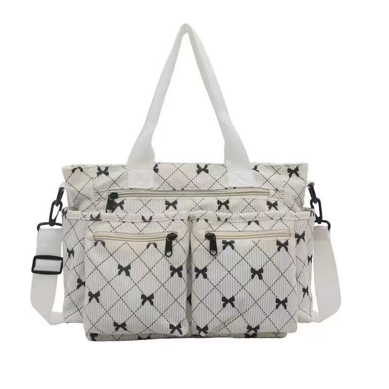 Muledi Corduroy Tote Bag — хоризонтална квадратна форма, ципово отваряне, вътрешен джоб с цип, Oxford облицовка
