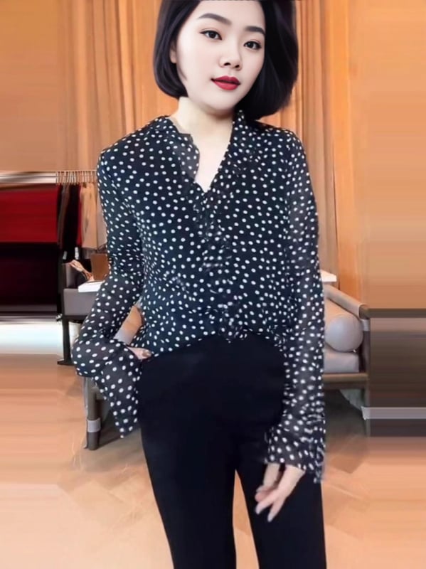 Шифонена риза с модел на Wave Point, дълги ръкави, V-образно деколте, Slim Fit