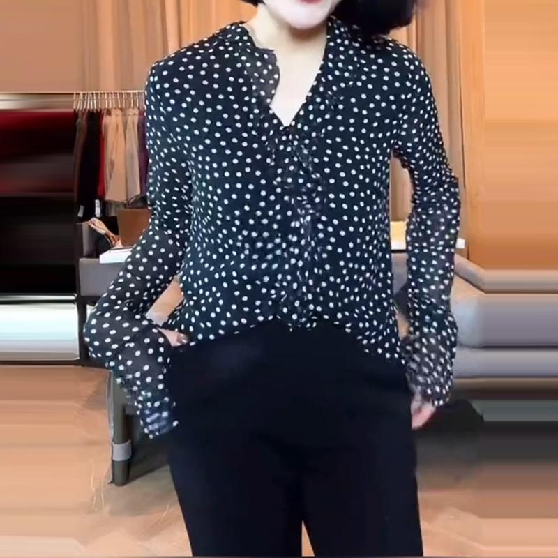 Шифонена риза с модел на Wave Point, дълги ръкави, V-образно деколте, Slim Fit