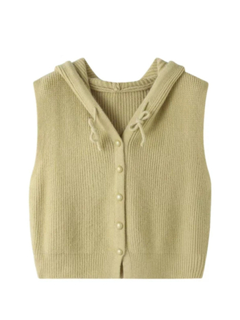 Дамска качулкава плетена жилетка, едноцветна, вълнена смес с акрил и полиестер (30–50% акрил; полиестер <30%), вдъхновена от колежански стил кардиган