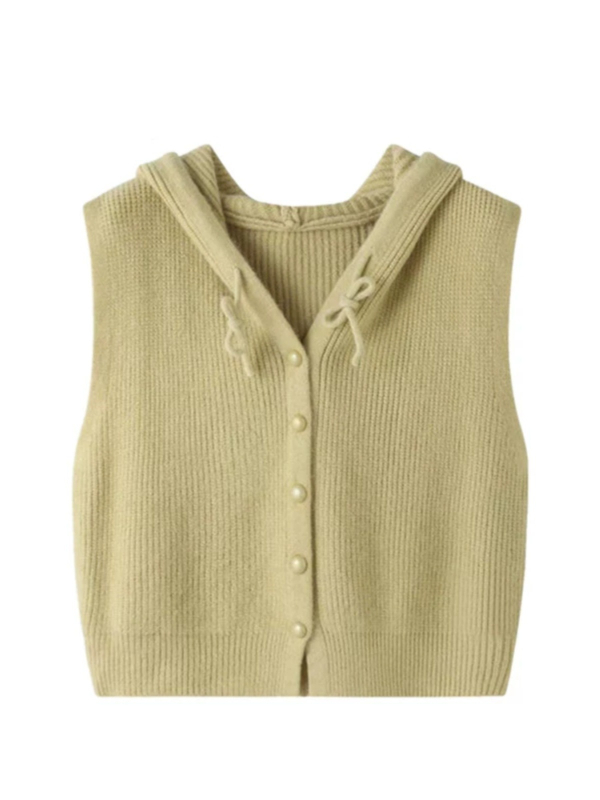 Дамска качулкава плетена жилетка, едноцветна, вълнена смес с акрил и полиестер (30–50% акрил; полиестер <30%), вдъхновена от колежански стил кардиган