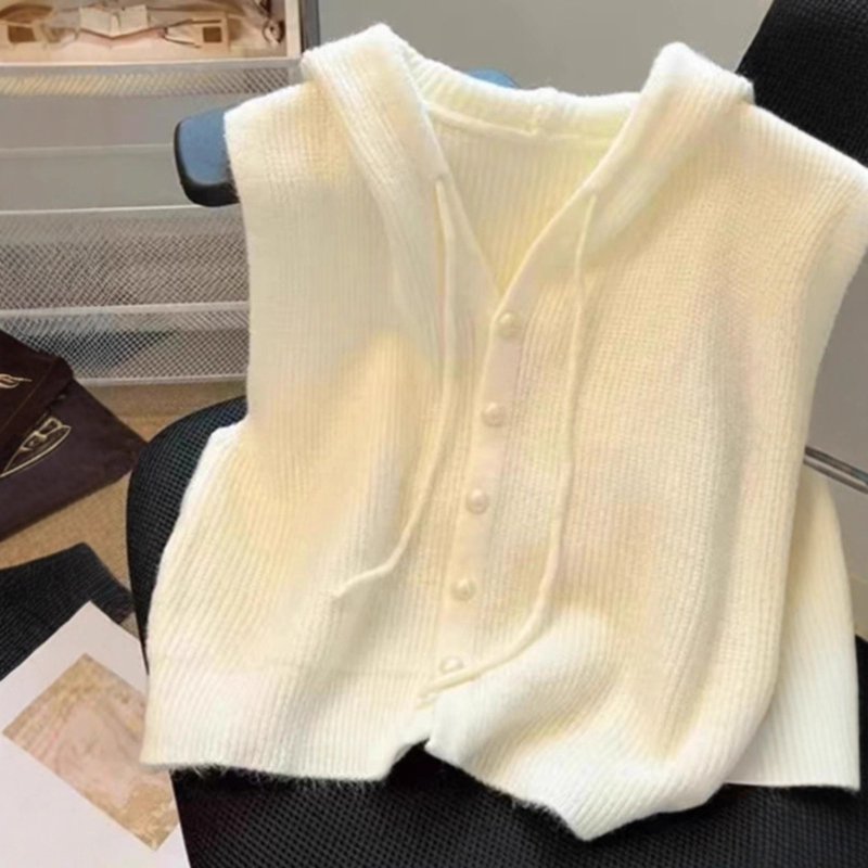 Дамска качулкава плетена жилетка, едноцветна, вълнена смес с акрил и полиестер (30–50% акрил; полиестер <30%), вдъхновена от колежански стил кардиган