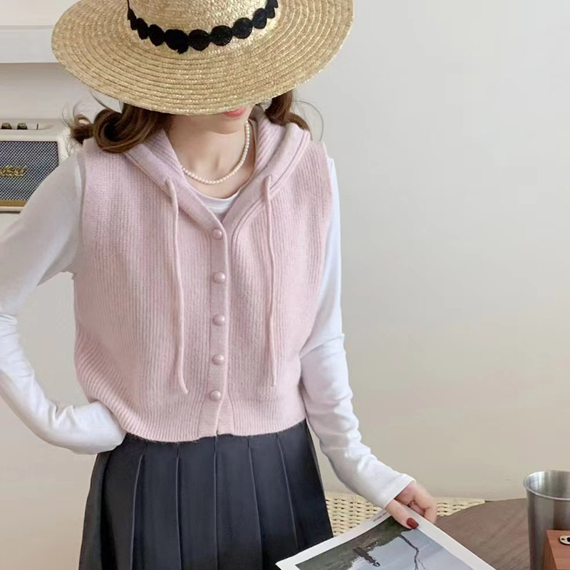 Дамска качулкава плетена жилетка, едноцветна, вълнена смес с акрил и полиестер (30–50% акрил; полиестер <30%), вдъхновена от колежански стил кардиган