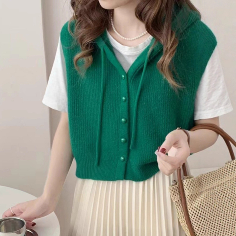 Дамска качулкава плетена жилетка, едноцветна, вълнена смес с акрил и полиестер (30–50% акрил; полиестер <30%), вдъхновена от колежански стил кардиган