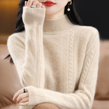 Ženski debeli džemper s polvisokim ovratnikom, žakard pletivo, 95% vuna, slobodan kroj, dugi rukavi