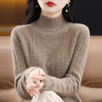 Ženski debeli džemper s polvisokim ovratnikom, žakard pletivo, 95% vuna, slobodan kroj, dugi rukavi