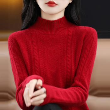 Ženski debeli džemper s polvisokim ovratnikom, žakard pletivo, 95% vuna, slobodan kroj, dugi rukavi