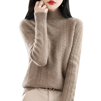 Ženski debeli džemper s polvisokim ovratnikom, žakard pletivo, 95% vuna, slobodan kroj, dugi rukavi