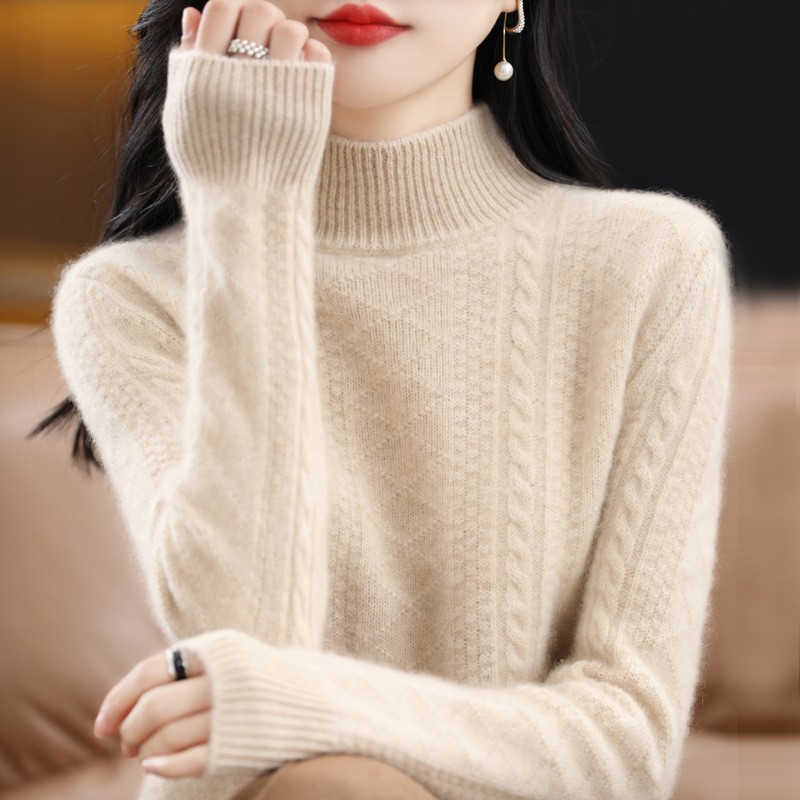 Ženski debeli džemper s polvisokim ovratnikom, žakard pletivo, 95% vuna, slobodan kroj, dugi rukavi