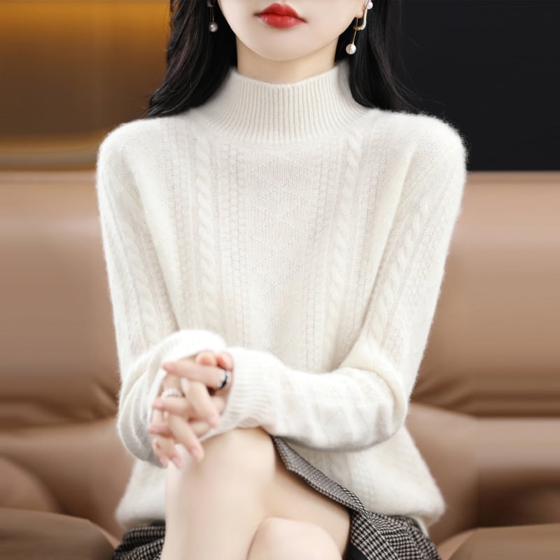 Ženski debeli džemper s polvisokim ovratnikom, žakard pletivo, 95% vuna, slobodan kroj, dugi rukavi