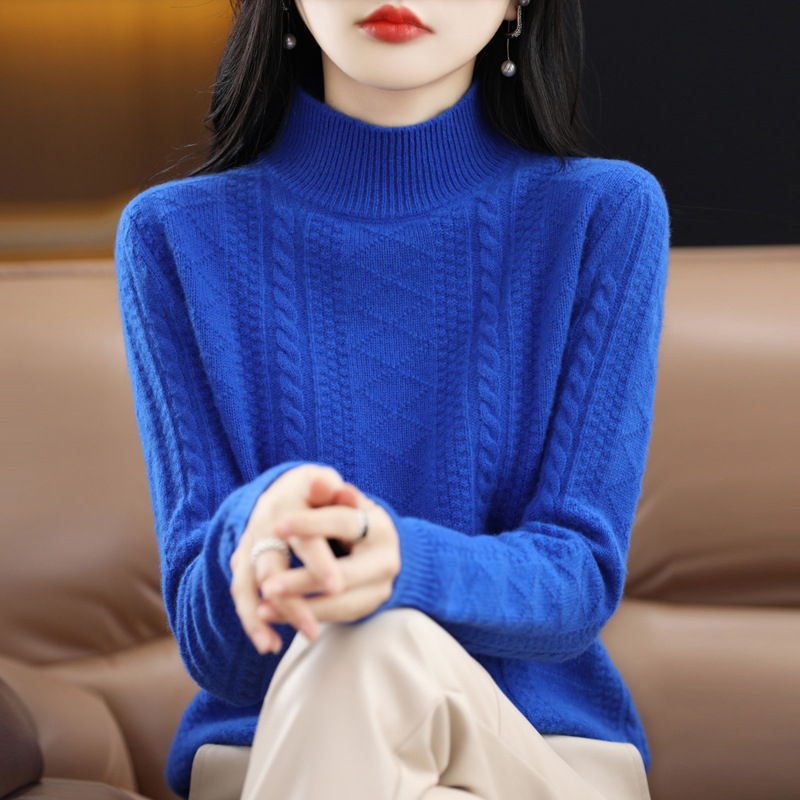 Ženski debeli džemper s polvisokim ovratnikom, žakard pletivo, 95% vuna, slobodan kroj, dugi rukavi