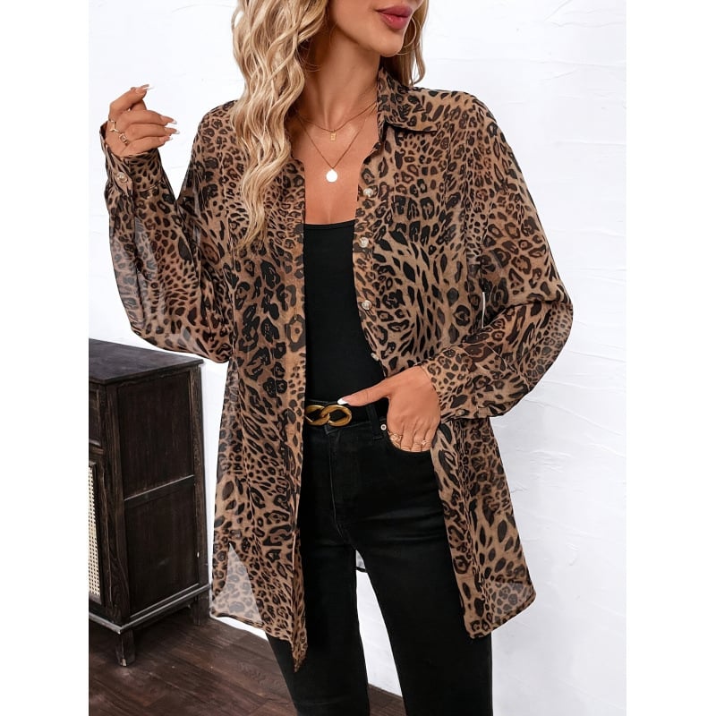 Bluză cu imprimeu leopard, amestec Chenille-Spandex, guler polo, mâneci de tip prințesă, primăvara 2025