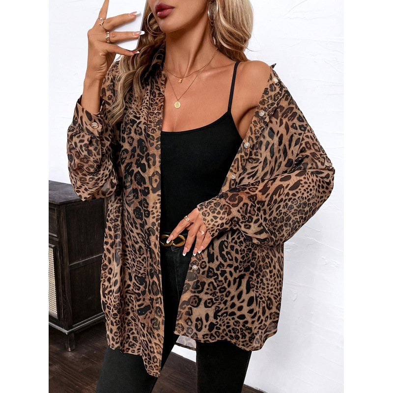Bluză cu imprimeu leopard, amestec Chenille-Spandex, guler polo, mâneci de tip prințesă, primăvara 2025
