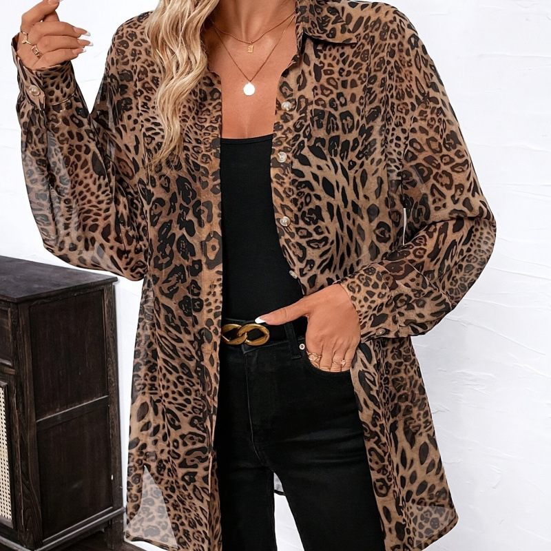 Bluză cu imprimeu leopard, amestec Chenille-Spandex, guler polo, mâneci de tip prințesă, primăvara 2025