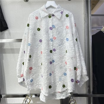 Шифонена блуза за жени с тежка бродерия, свободен силует, поло яка, дълги ръкави, средна дължина, есен 2024, свеж и сладък стил